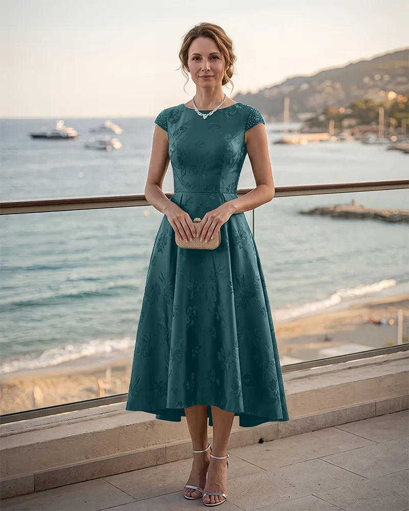 Jacquard Mother of the Bride Midi Dress with Beaded Sleeves