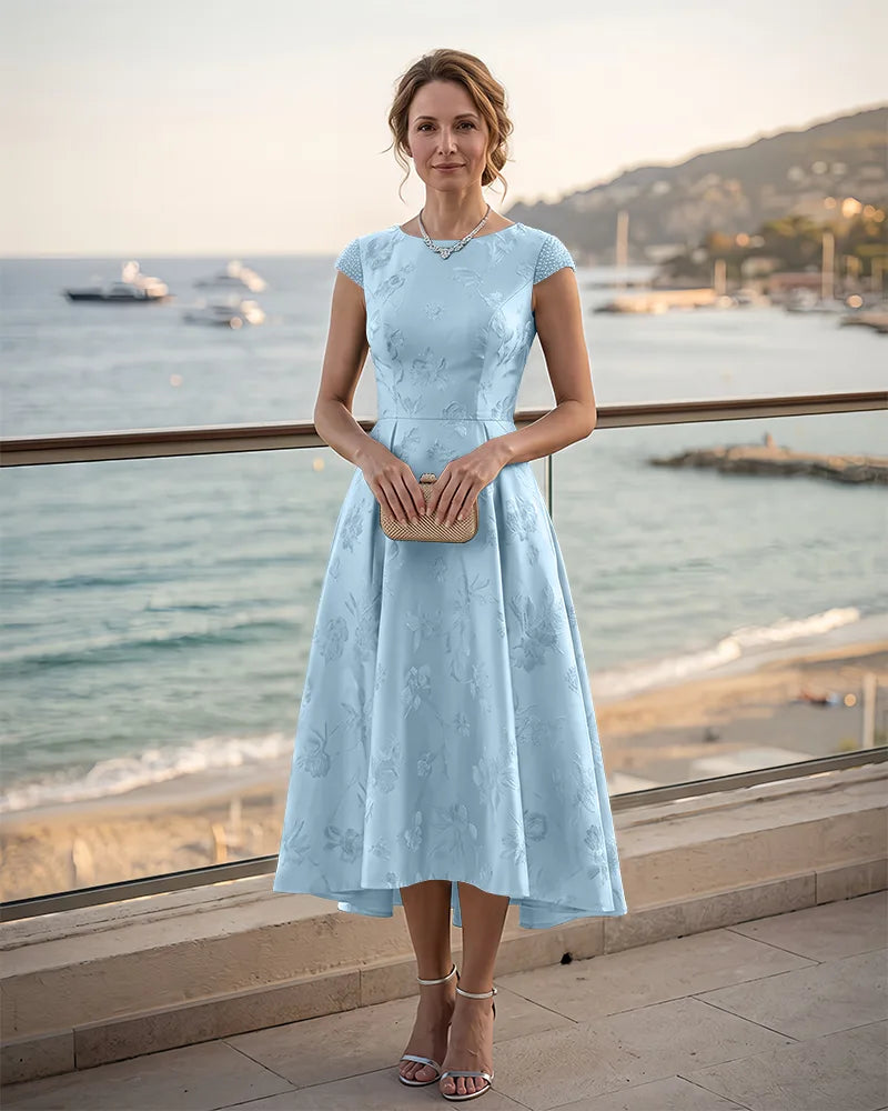 Jacquard Mother of the Bride Midi Dress with Beaded Sleeves