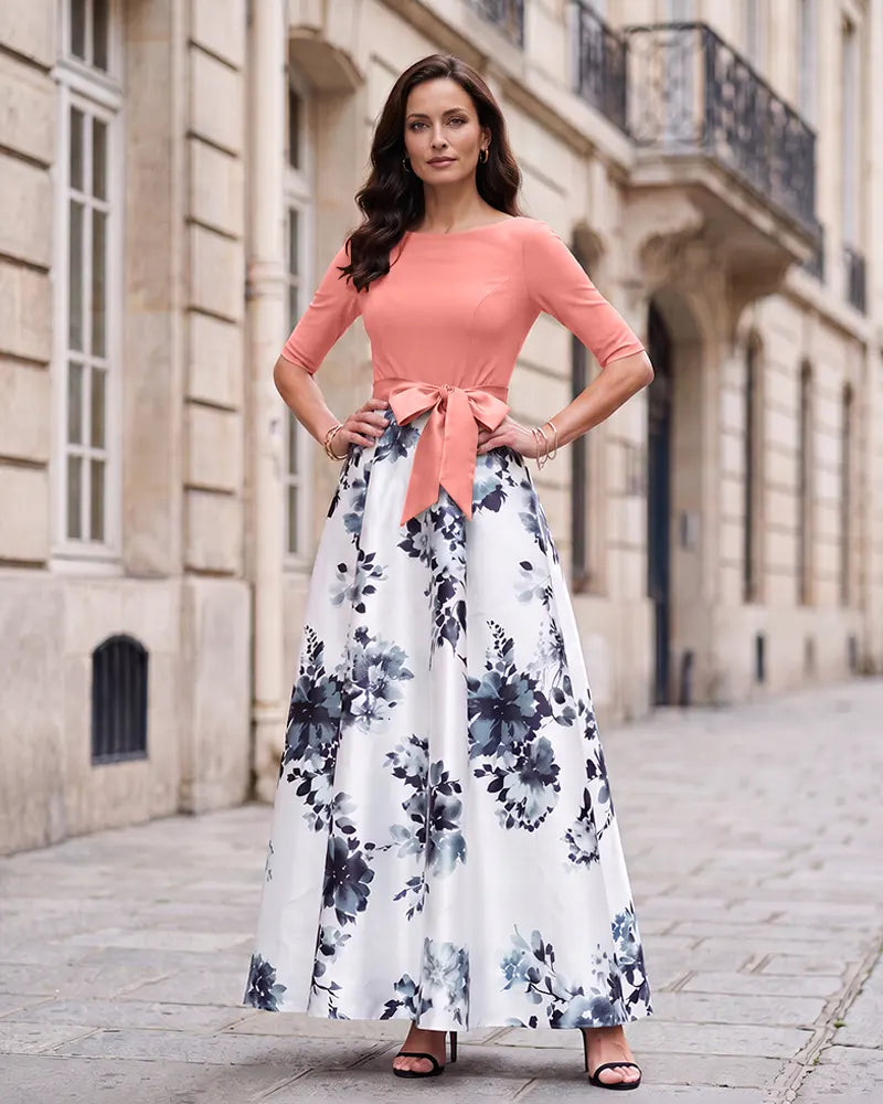 Floral A‑Line Mother of the Bride Dress with Satin Bow Sash