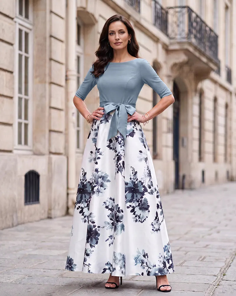 Floral A‑Line Mother of the Bride Dress with Satin Bow Sash