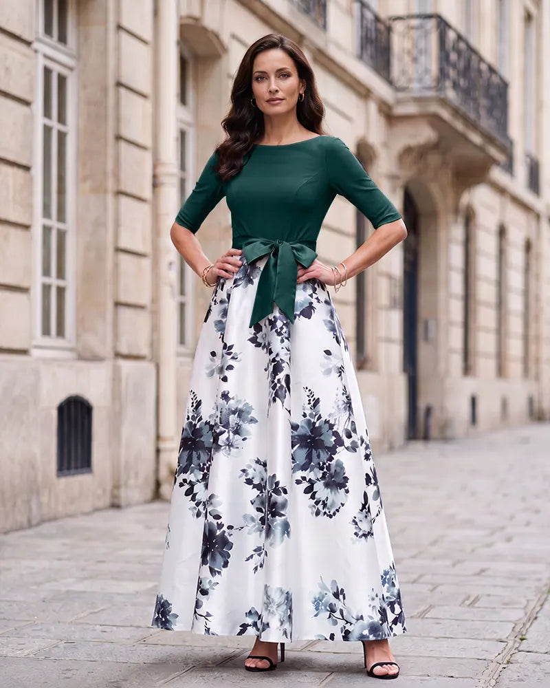 Floral A‑Line Mother of the Bride Dress with Satin Bow Sash