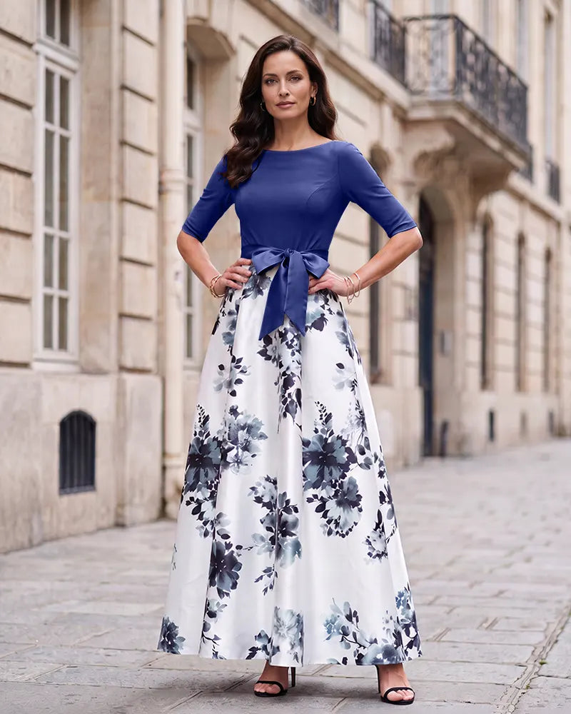 Floral A‑Line Mother of the Bride Dress with Satin Bow Sash