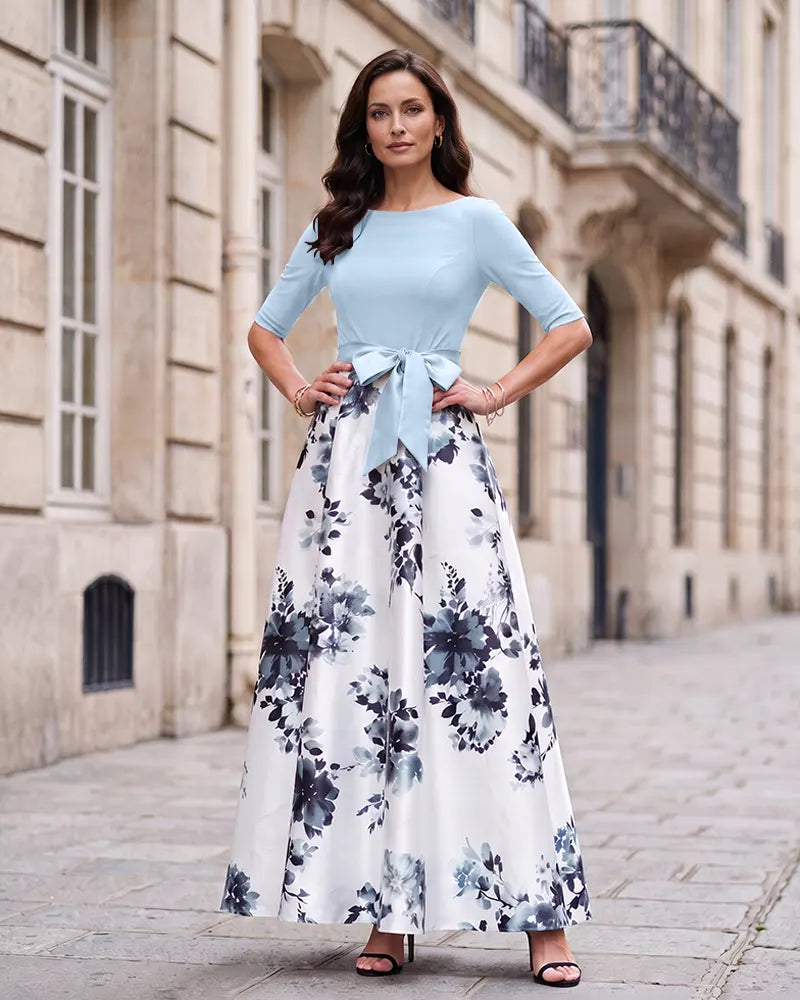 Floral A‑Line Mother of the Bride Dress with Satin Bow Sash