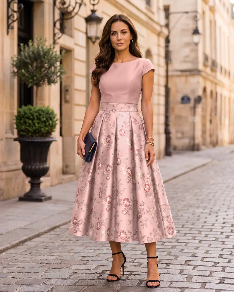 Fitted Bodice Floral Jacquard Mother of the Bride Dress