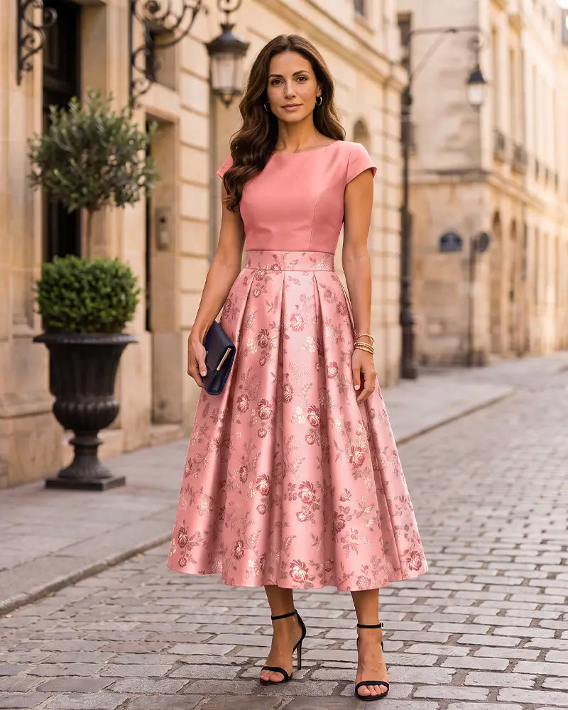 Fitted Bodice Floral Jacquard Mother of the Bride Dress