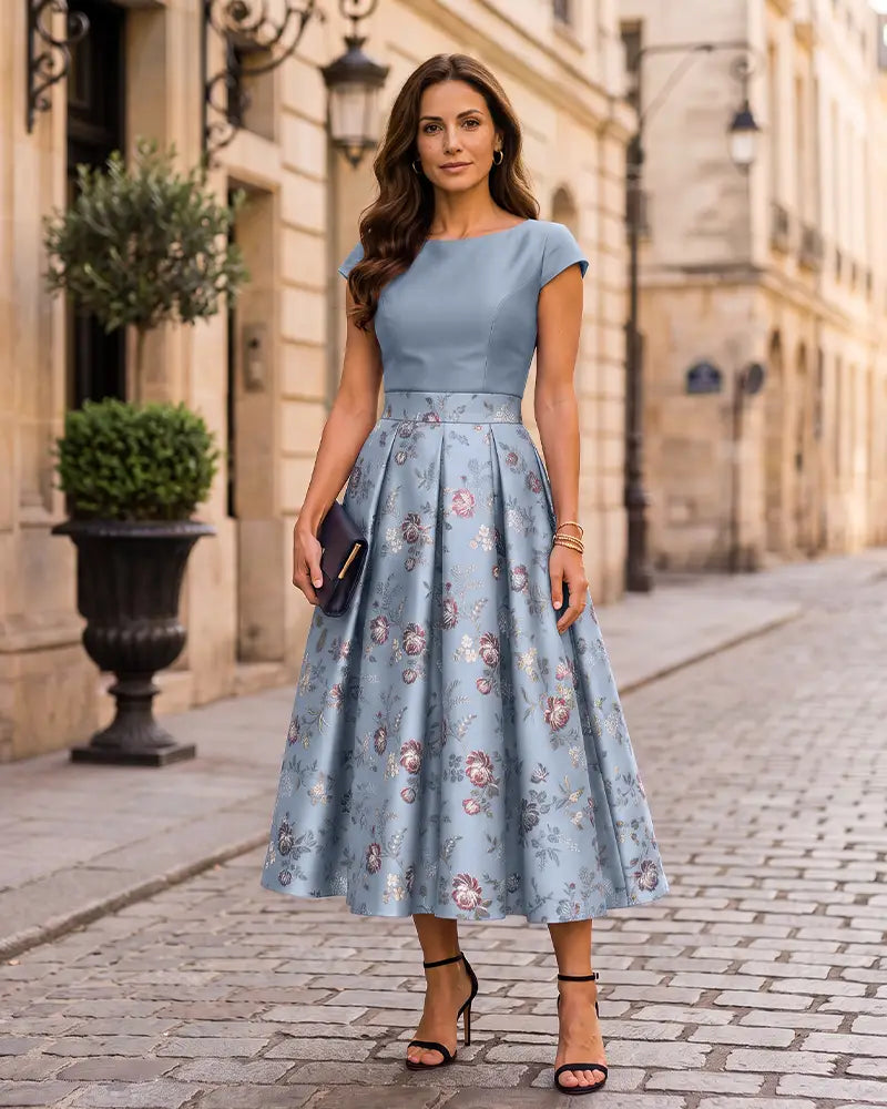 Fitted Bodice Floral Jacquard Mother of the Bride Dress
