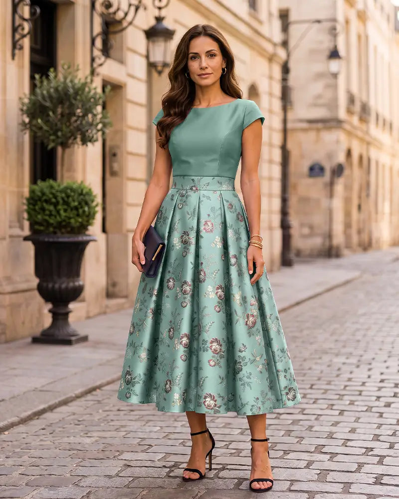 Fitted Bodice Floral Jacquard Mother of the Bride Dress