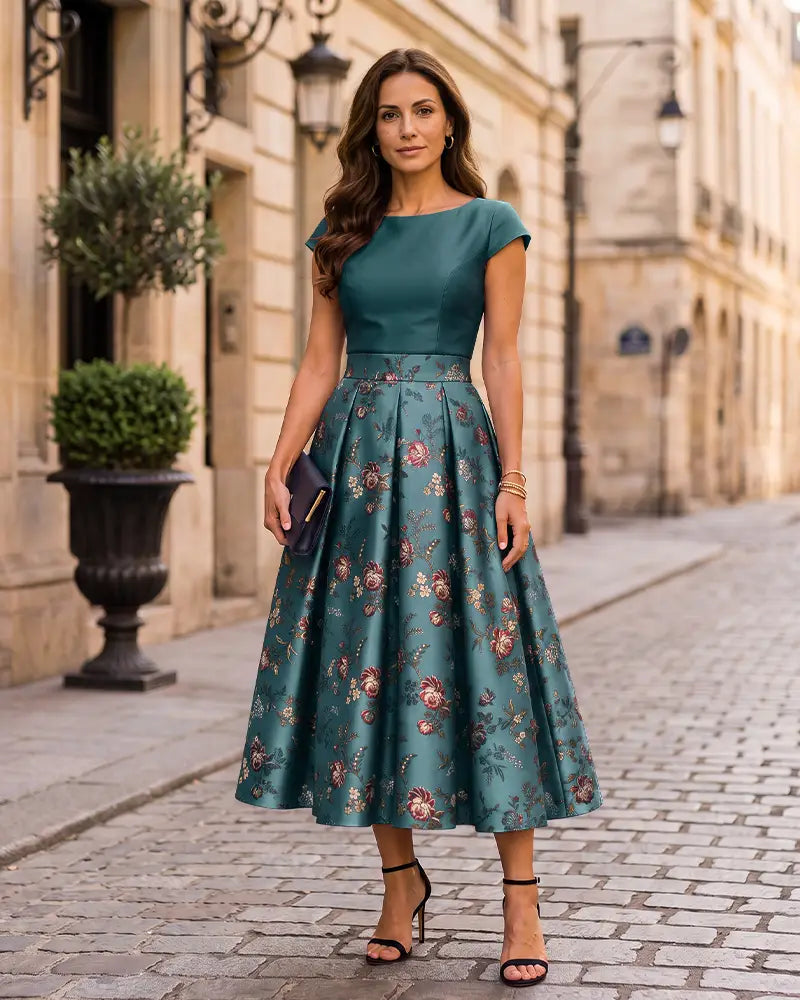 Fitted Bodice Floral Jacquard Mother of the Bride Dress