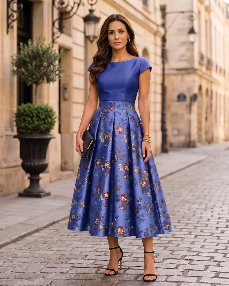 Fitted Bodice Floral Jacquard Mother of the Bride Dress