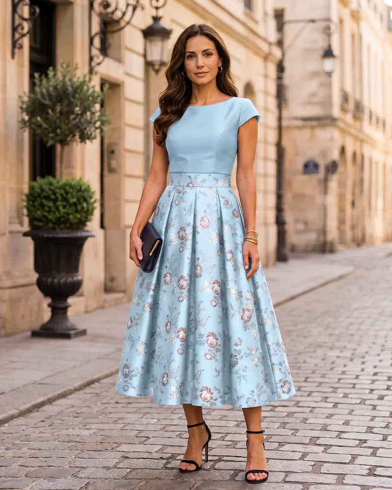 Fitted Bodice Floral Jacquard Mother of the Bride Dress