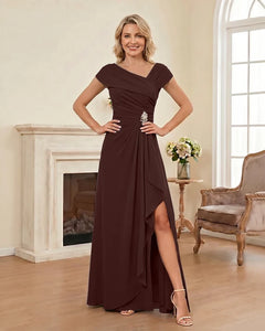 Chiffon-Mother-of-the-Bride-Dress-with-Cap-Sleeves-with-Slit-Brown-1