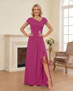 Chiffon-Mother-of-the-Bride-Dress-with-Cap-Sleeves-with-Slit-Fuchsia-1