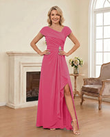 Chiffon-Mother-of-the-Bride-Dress-with-Cap-Sleeves-with-Slit-Hot-Pink-1