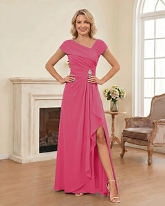 Chiffon-Mother-of-the-Bride-Dress-with-Cap-Sleeves-with-Slit-Hot-Pink-1