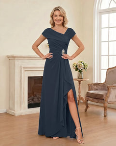 Chiffon-Mother-of-the-Bride-Dress-with-Cap-Sleeves-with-Slit-Navy-Blue-1