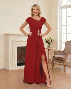 Chiffon-Mother-of-the-Bride-Dress-with-Cap-Sleeves-with-Slit-Red-1
