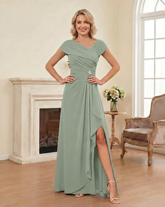 Chiffon-Mother-of-the-Bride-Dress-with-Cap-Sleeves-with-Slit-Sage-1