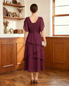 Tiered-Chiffon-Mother-of-Bride-Dress-with-Flutter-Sleeves-Burgundy-2
