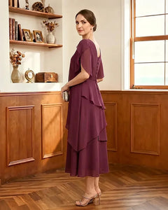 Tiered-Chiffon-Mother-of-Bride-Dress-with-Flutter-Sleeves-Burgundy-3