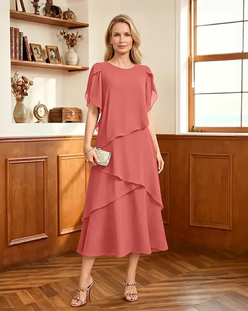 Tiered-Chiffon-Mother-of-Bride-Dress-with-Flutter-Sleeves-Coral-1