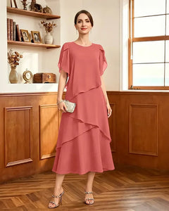 Tiered-Chiffon-Mother-of-Bride-Dress-with-Flutter-Sleeves-Coral-1