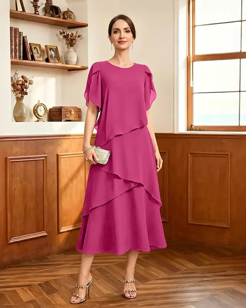 Tiered-Chiffon-Mother-of-Bride-Dress-with-Flutter-Sleeves-Fuchsia-1