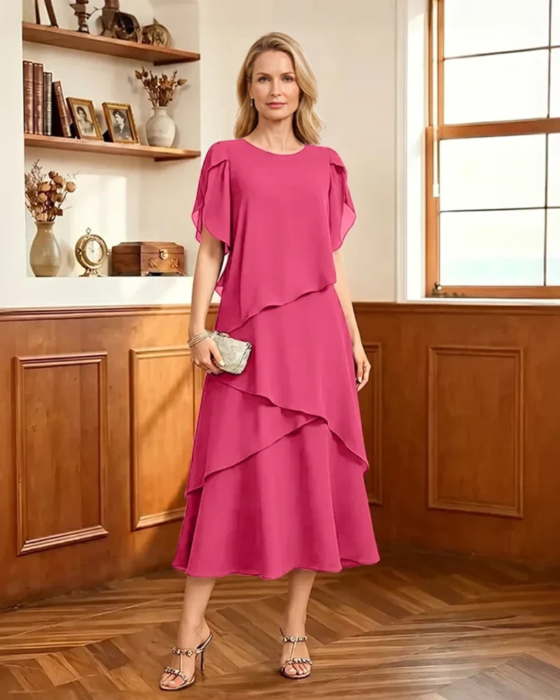 Tiered-Chiffon-Mother-of-Bride-Dress-with-Flutter-Sleeves-Hot-Pink-1