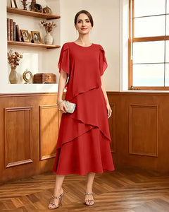 Tiered-Chiffon-Mother-of-Bride-Dress-with-Flutter-Sleeves-Red-1