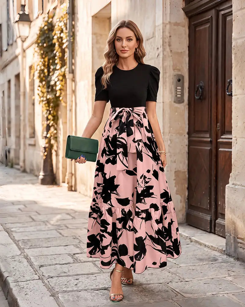 Round Neck Puff Short Sleeve Maxi Mother of the Bride Dress