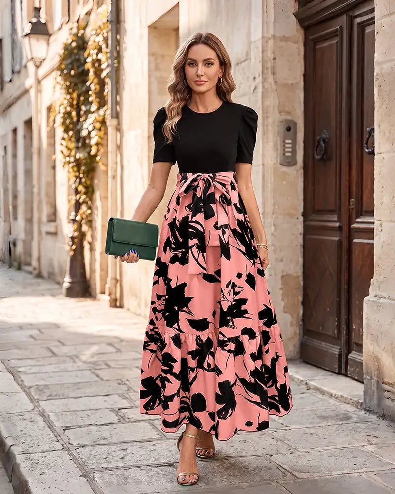 Round Neck Puff Short Sleeve Maxi Mother of the Bride Dress