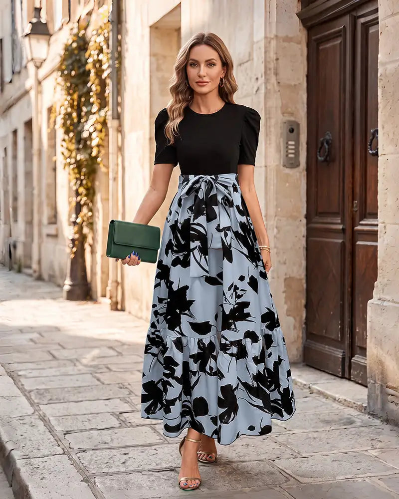 Round Neck Puff Short Sleeve Maxi Mother of the Bride Dress