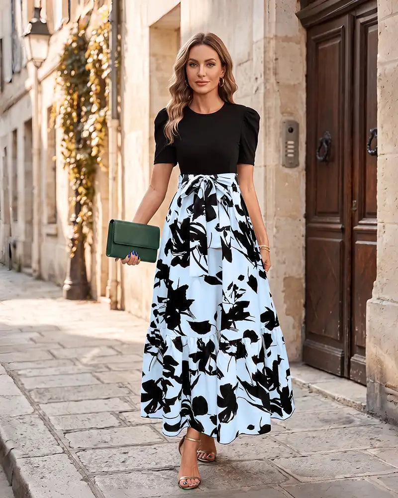 Round Neck Puff Short Sleeve Maxi Mother of the Bride Dress
