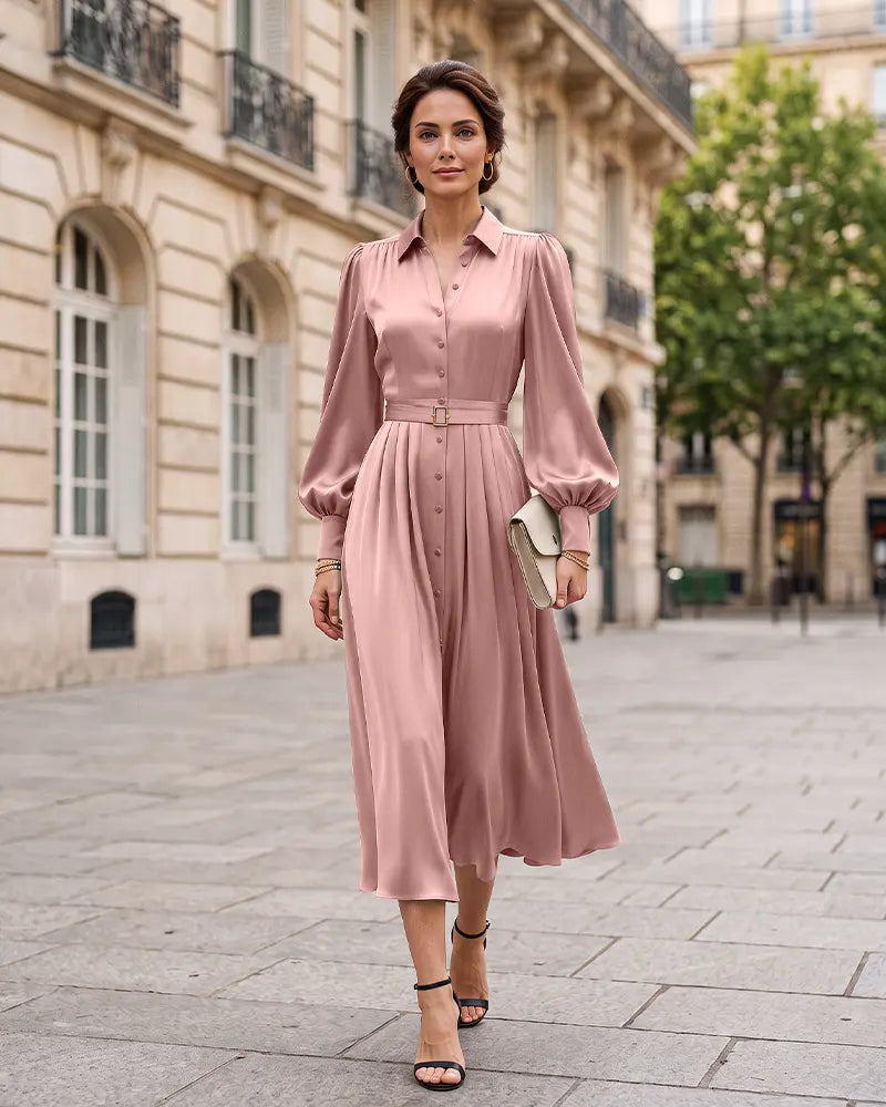 Button Front A‑Line Mother of the Bride Dress with Tie Belt