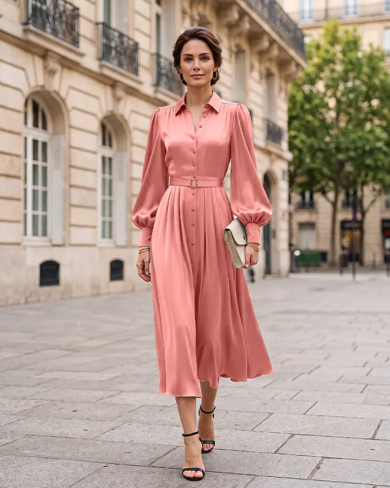 Button Front A‑Line Mother of the Bride Dress with Tie Belt