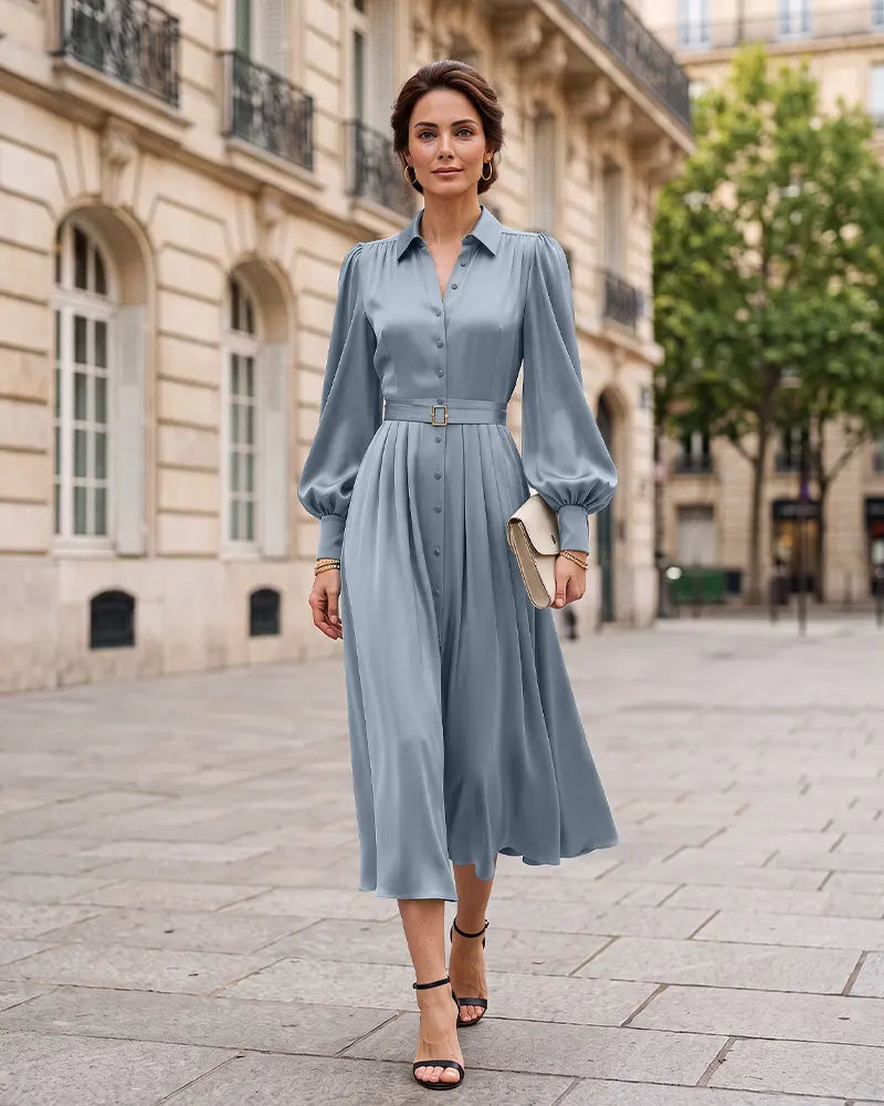 Button Front A‑Line Mother of the Bride Dress with Tie Belt