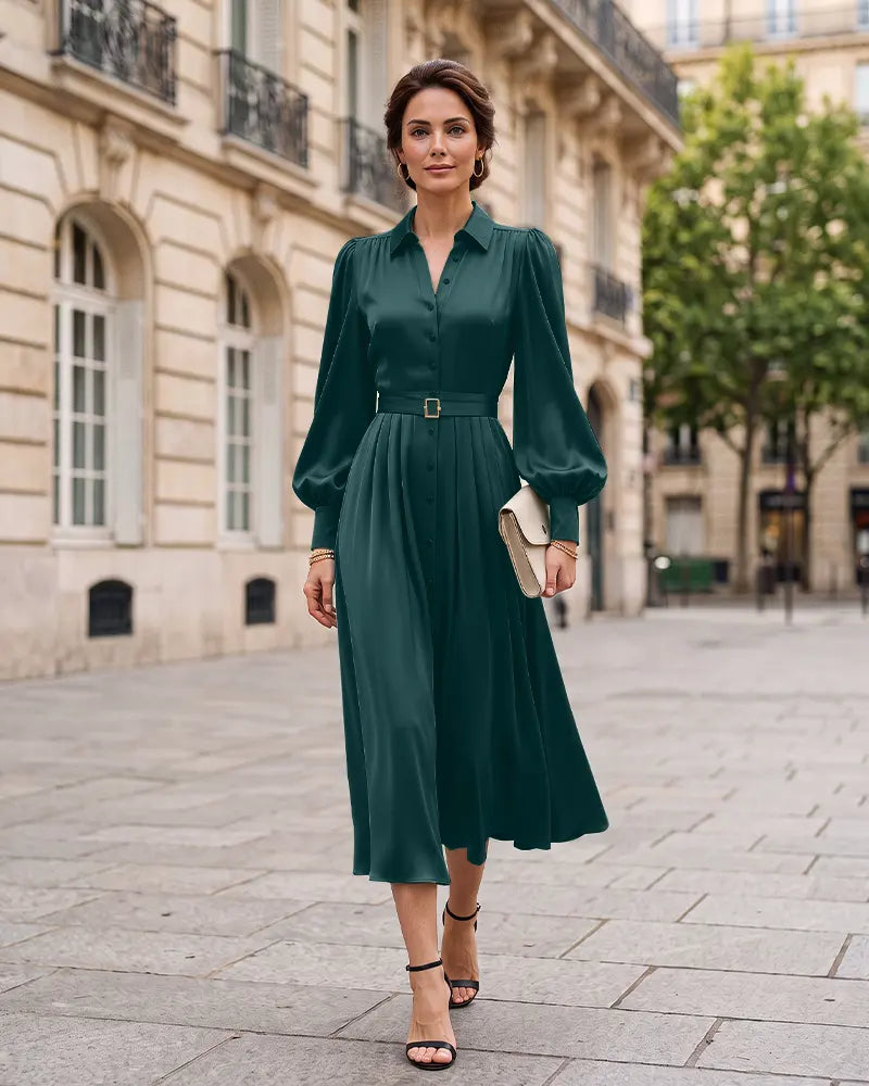 Button Front A‑Line Mother of the Bride Dress with Tie Belt