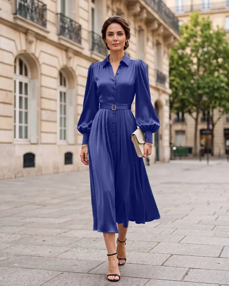 Button Front A‑Line Mother of the Bride Dress with Tie Belt