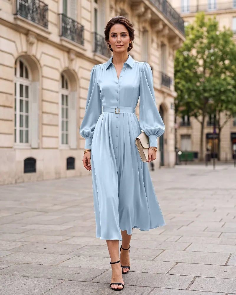 Button Front A‑Line Mother of the Bride Dress with Tie Belt