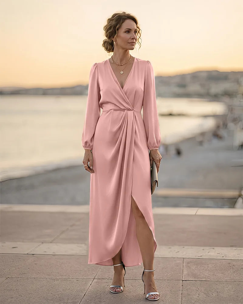 Wrap V‑Neck Midi Mother of the Bride Dress with Balloon Sleeves