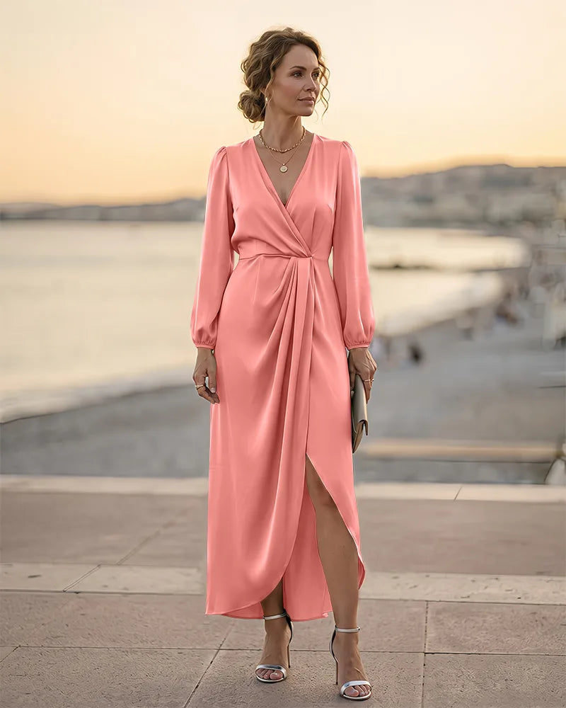 Wrap V‑Neck Midi Mother of the Bride Dress with Balloon Sleeves