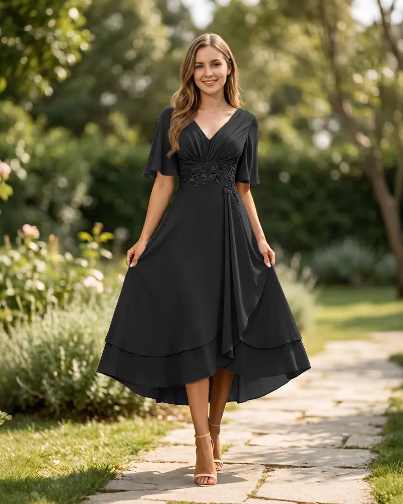 High-Low-Mother-of-the-Bride-Chiffon-Dress-with-V-Neck-Black-1