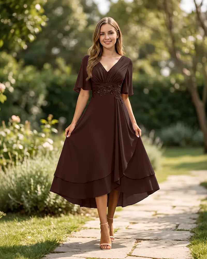 High-Low-Mother-of-the-Bride-Chiffon-Dress-with-V-Neck-Brown-1