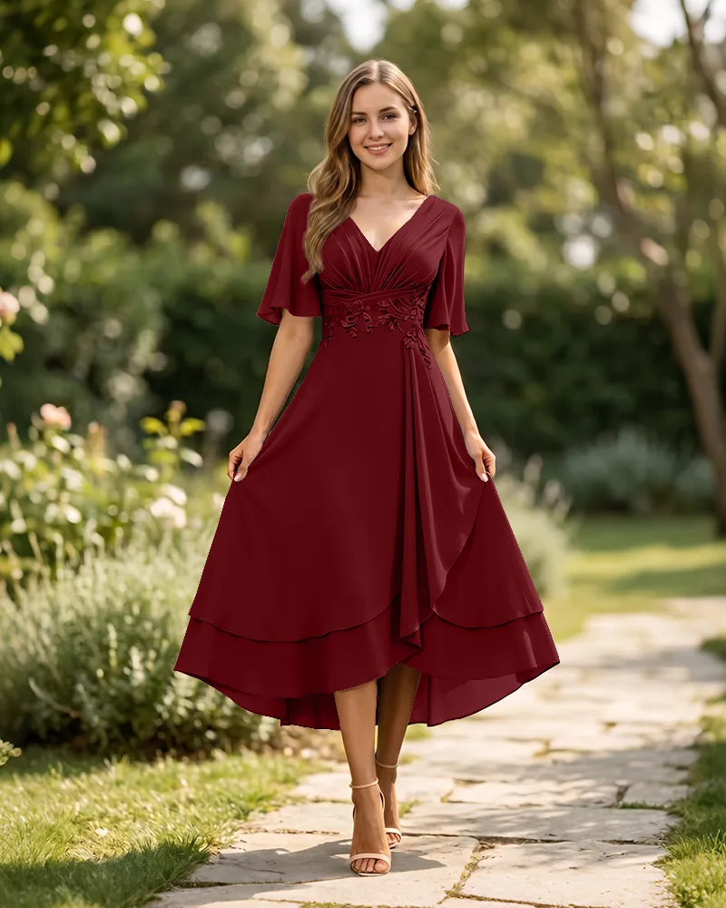 High-Low-Mother-of-the-Bride-Chiffon-Dress-with-V-Neck-Burgundy-1