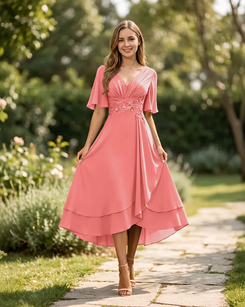 High-Low-Mother-of-the-Bride-Chiffon-Dress-with-V-Neck-Coral-1