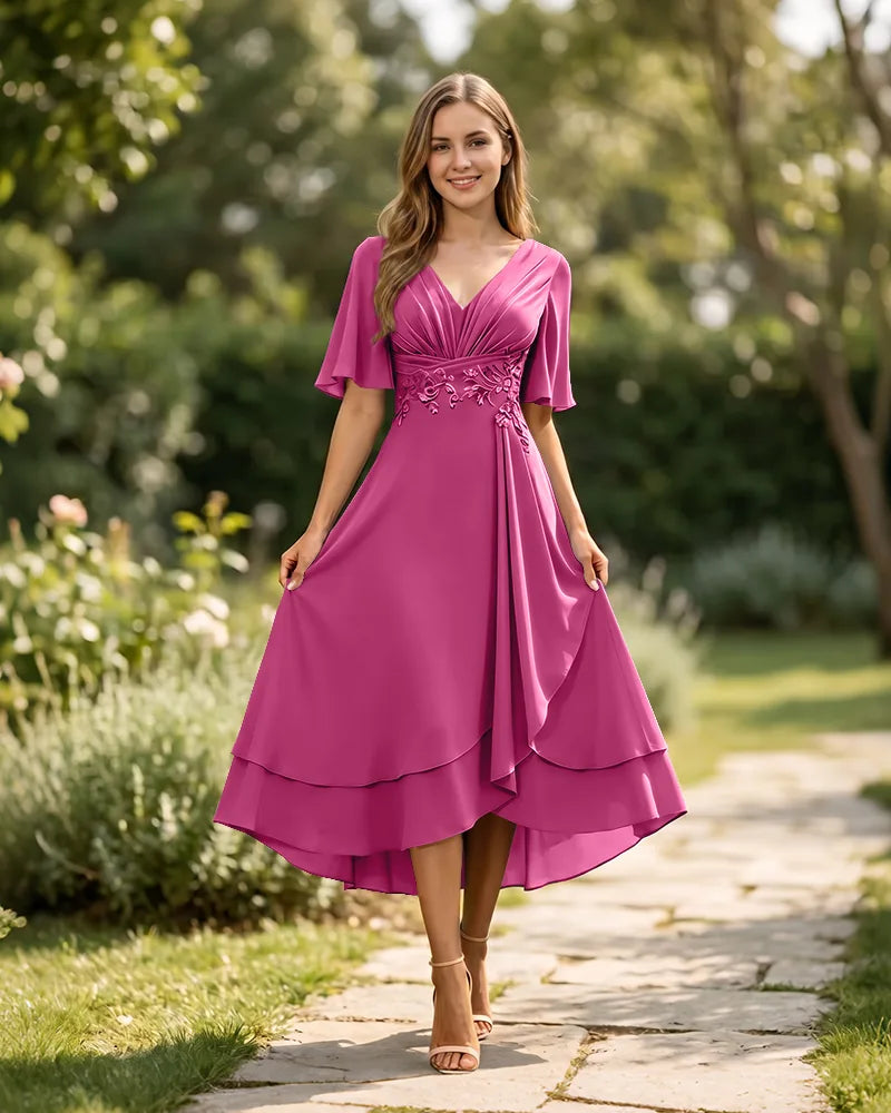 High-Low-Mother-of-the-Bride-Chiffon-Dress-with-V-Neck-Fuchsia-1