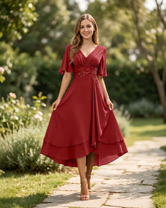 High-Low-Mother-of-the-Bride-Chiffon-Dress-with-V-Neck-Red-1