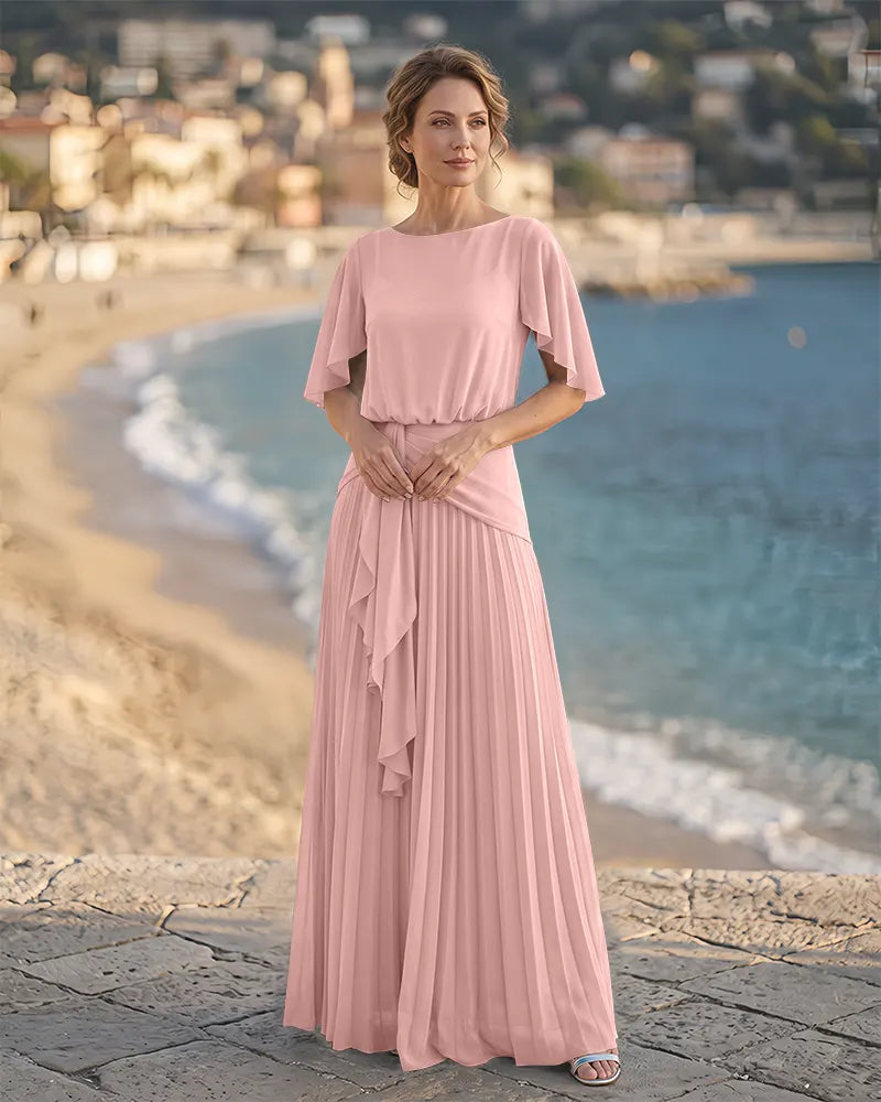 Boat Neck Mother of the Bride Dress with Flutter Sleeves