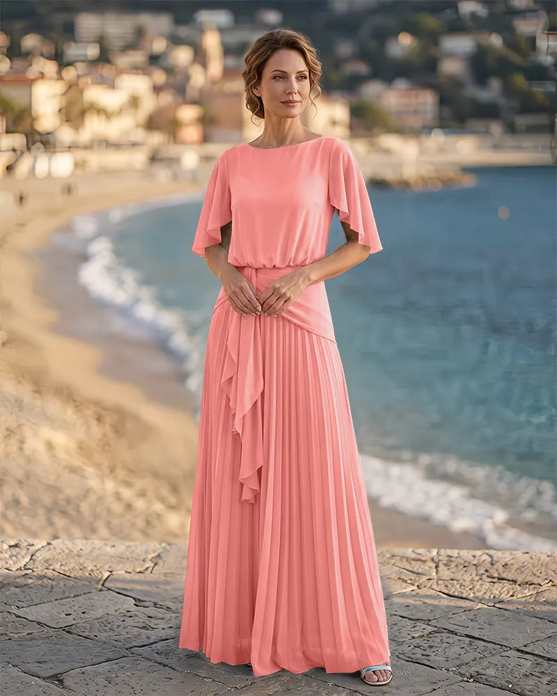 Boat Neck Mother of the Bride Dress with Flutter Sleeves