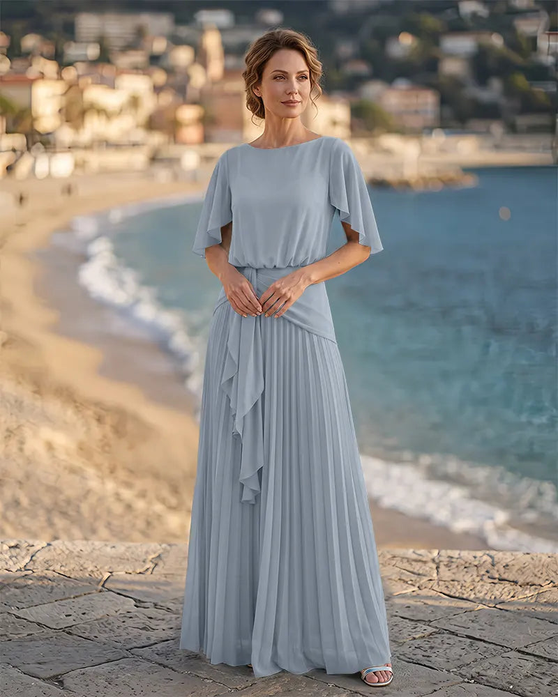 Boat Neck Mother of the Bride Dress with Flutter Sleeves