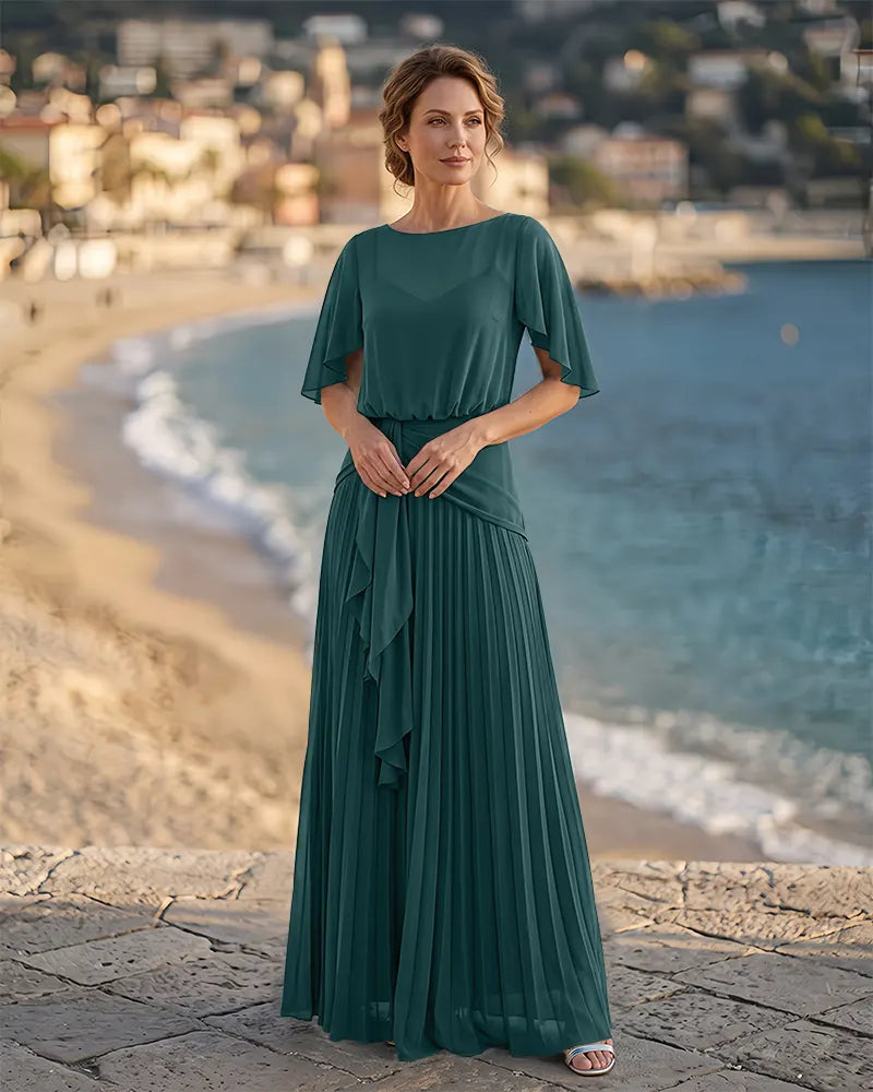 Boat Neck Mother of the Bride Dress with Flutter Sleeves